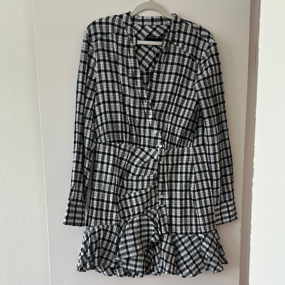 Veronica Beard Black and White Plaid Ruffle Dress